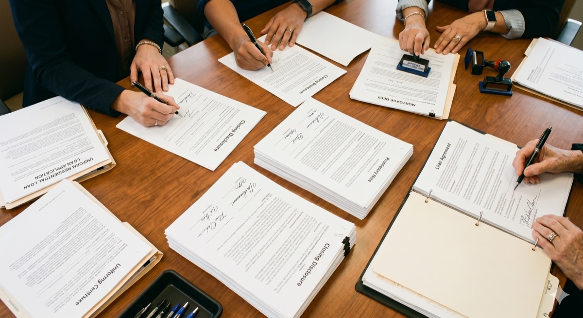 Closing documents and mortgage paperwork on a desk